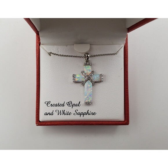 925 Sterling Silver Cross Pendant Necklace Lab Created Opal Sapphire in Box Gift - Picture 1 of 13
